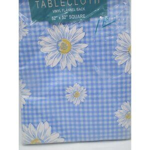Home Trends Blue Gingham Daisy 52" Vinyl Flannel Back Tablecloth Square Durable